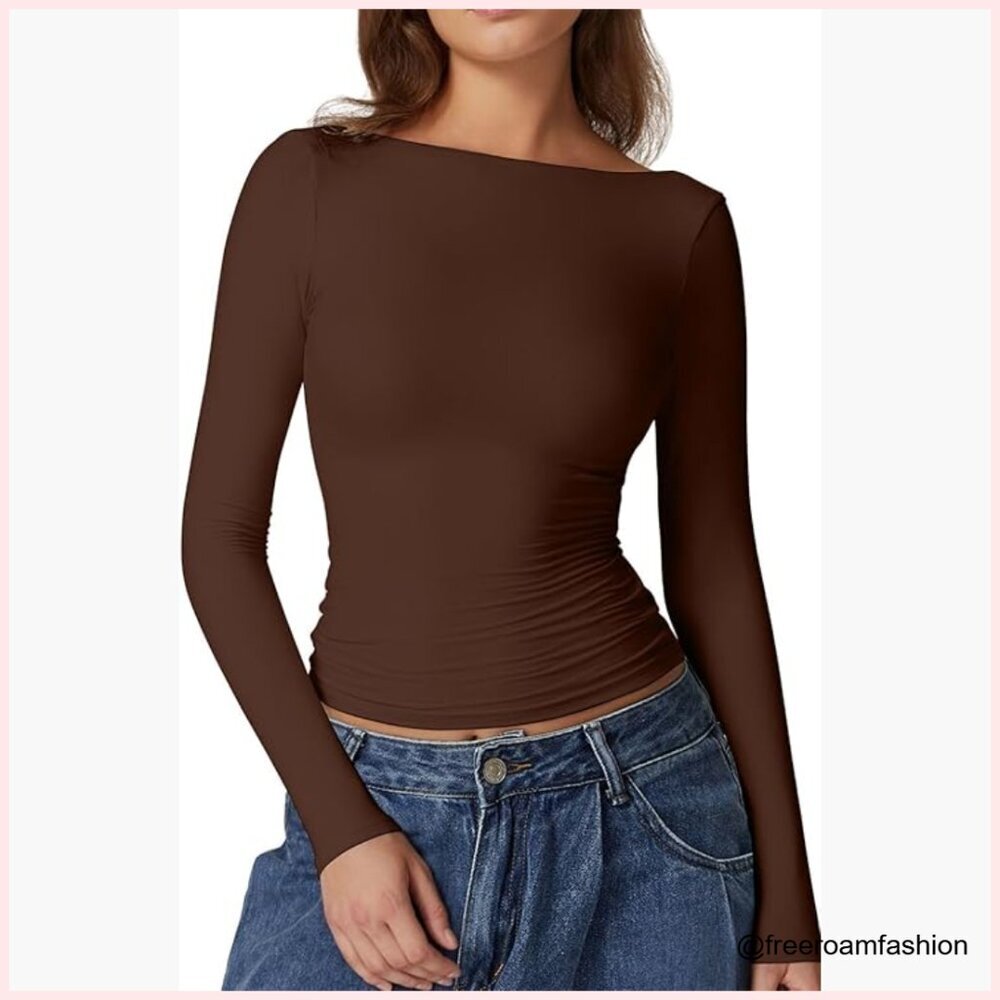 Slim Fit Long Sleeve Open Back Top, High Neck Double Lined Tee